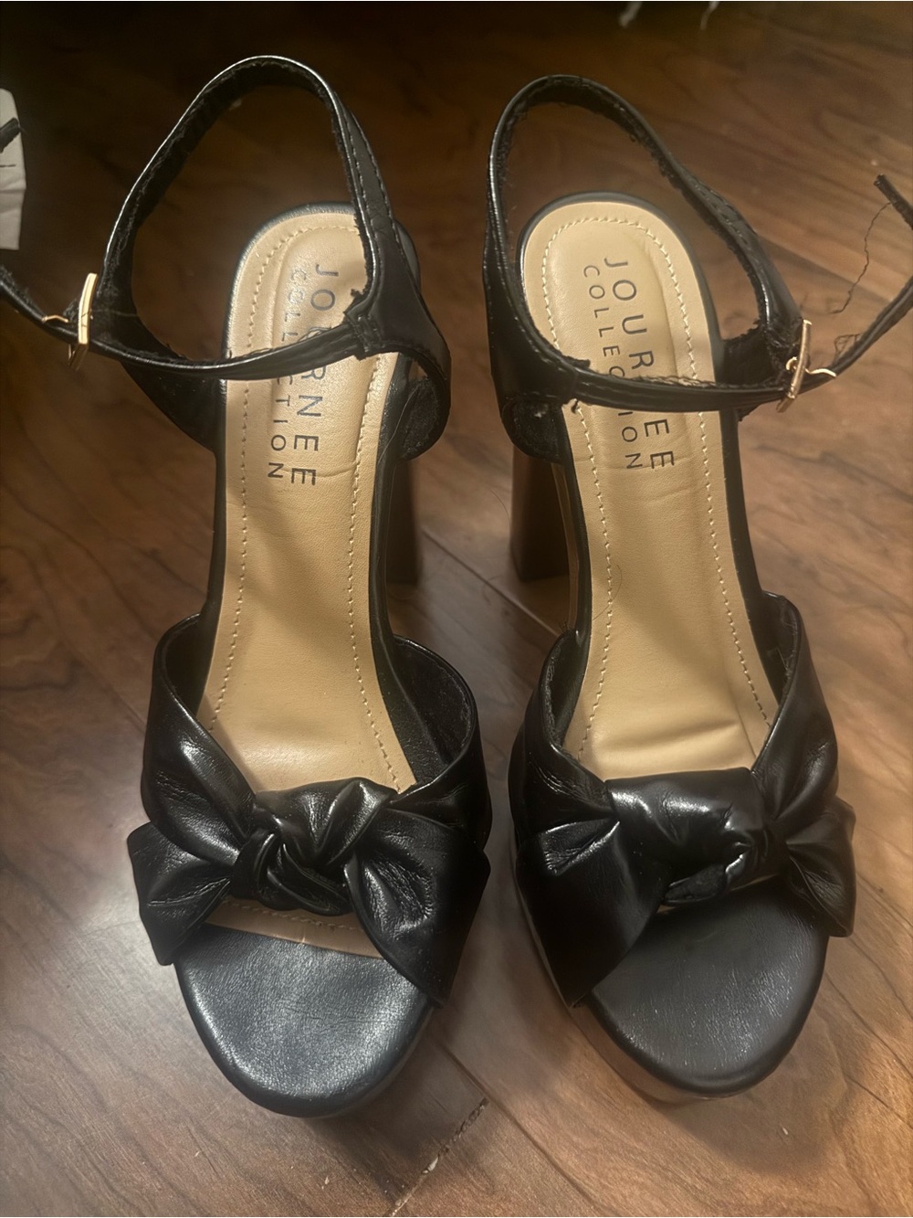 Journee Collection Black Knotted Ankle-Strap Block Heels